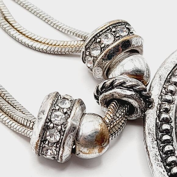 Chico’s Silver Tone Snake Chain Necklace w/ Large Pendant & Rhinestone Charms - Picture 9 of 10
